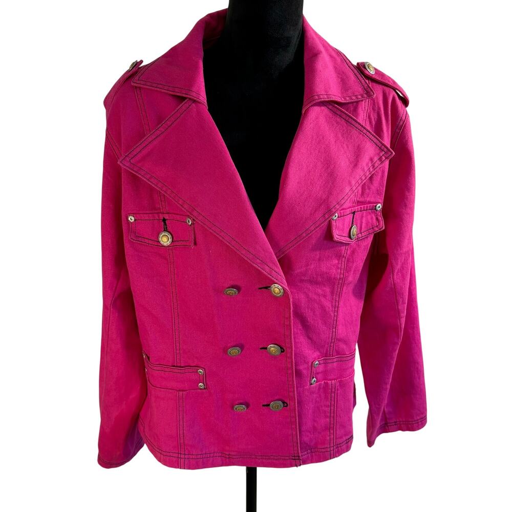 DG2-Diane Gilman Denim Cherry Pink Military Barbiecore Whimsical Jacket LRG